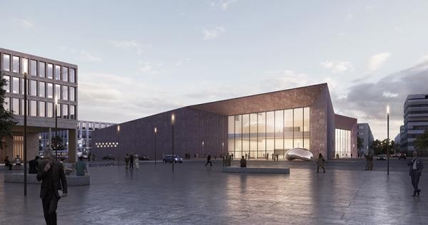 Das Büro DEGELO Architekten aus Basel sieht für das Konferenzzentrum in der Bahnstadt ein architektonisch markantes Gebäude mit einer rötlich gefärbten Fassade vor. Vom Bahnhofsplatz Süd aus bietet sich ein freier Blick auf den Bereich des Haupteingangs. (Foto: DEGELO Architekten) Das Büro DEGELO Architekten aus Basel sieht für das Konferenzzentrum in der Bahnstadt ein architektonisch markantes Gebäude mit einer rötlich gefärbten Fassade vor. Vom Bahnhofsplatz Süd aus bietet sich ein freier Blick auf den Bereich des Haupteingangs. (Foto: DEGELO Architekten)