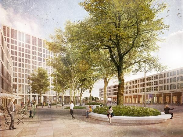 Im Westen des Bahnhofsplatzes Süd sieht der erste Preisträger POLA Landschaftsarchitekten eine belebte Fläche mit Außengastronomie, Bäumen, Sitzgelegenheiten und weiteren Aufenthaltsmöglichkeiten vor. Im Hintergrund ist rechts die Stadtloggia zu sehen. (Foto: POLA Landschaftsarchitekten) Im Westen des Bahnhofsplatzes Süd sieht der erste Preisträger POLA Landschaftsarchitekten eine belebte Fläche mit Außengastronomie, Bäumen, Sitzgelegenheiten und weiteren Aufenthaltsmöglichkeiten vor. Im Hintergrund ist rechts die Stadtloggia zu sehen. (Foto: POLA Landschaftsarchitekten)