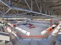 Die multifunktionale Großsporthalle im Heidelberg Innovation Park (hip) wird für den Schul- und Vereinssport zur Verfügung stehen. Baulich wird sie im Frühjahr 2020 fertiggestellt, danach folgen Ausstattung und Probebetrieb. (Foto: Rothe)