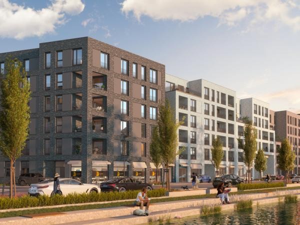 Quartier „Elf Freunde“ mit Blick auf Langen Anger/Robert-Koch-Straße. Visualisierung: Deutsche Wohnwerte Quartier „Elf Freunde“ mit Blick auf Langen Anger/Robert-Koch-Straße. Visualisierung: Deutsche Wohnwerte