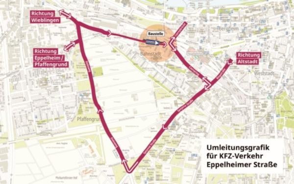 Der Umbau des Knotenpunktes Eppelheimer Straße/Da-Vinci-Straße startet am Montag, 9. Januar 2023. Für Autos ist die Durchfahrt nur stadteinwärts möglich. Die Grafik informiert über Umleitungen für Autos, Radfahrende sowie Fußgängerinnen und Fußgänger. (Grafik: Stadt Heidelberg) Umleitungsgrafik