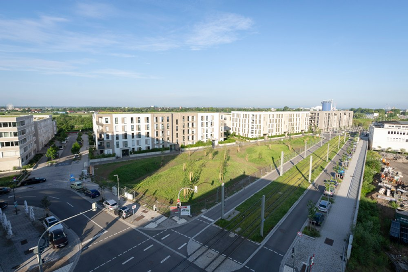Das Spitze Eck von oben. (Foto: Buck) Eine Grünfläche eingerahmt von Straßen und Gebäuden.