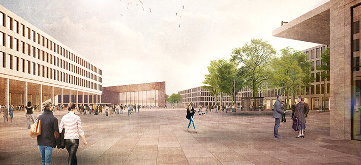 Visualisierung des neuen Europaplatzes mit Blick auf das künftige Konferenzzentrum. (Quelle: POLA Landschaftsarchitekten)