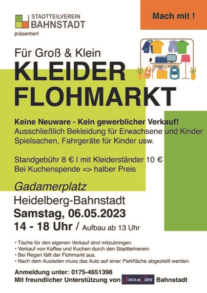 Einladung des Stadtteilvereins Bahnstadt zum Kleideflohmarkt (Foto Stadtteilverein) Einladung des Stadtteilvereins Bahnstadt zum Kleideflohmarkt (Foto Stadtteilverein)