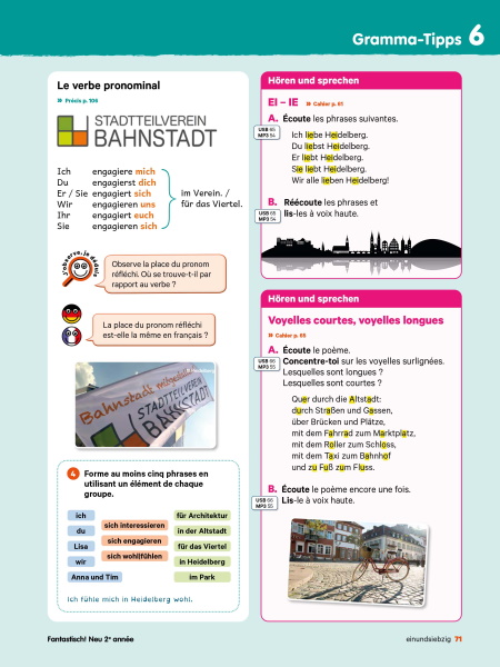 Grammatikübungen mit der Bahnstadt auf Seite 71. Eine blaue Seite mit Pinken und weißen Kästen in denen die deutsche Grammatik anhand von Beispielen erklärt wird.
