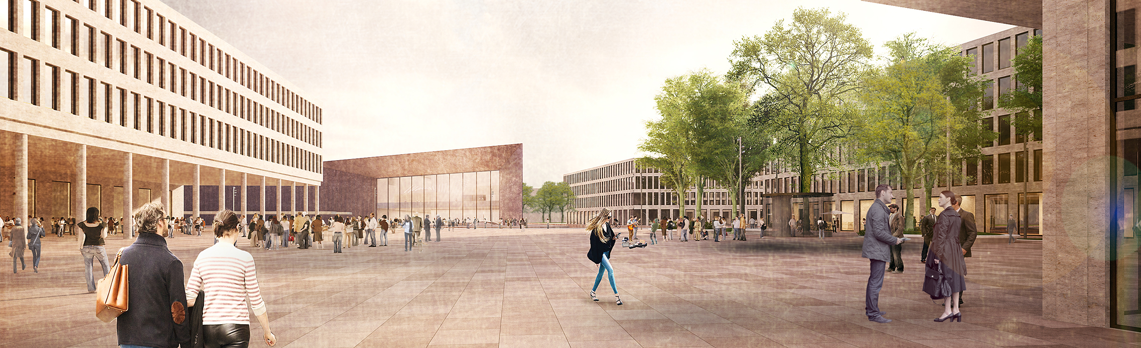Visualisierung des neuen Europaplatzes mit Blick auf das künftige Konferenzzentrum. (Quelle: POLA Landschaftsarchitekten)